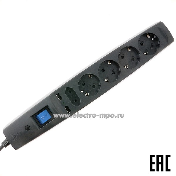 Р5371. Сетевой фильтр ЭРА SFU-5es-2m-B (C0043326) 2м, 5 роз."евр" 10А+ 2хUSB 2,1А (выкл,т/р) черный (Китай
