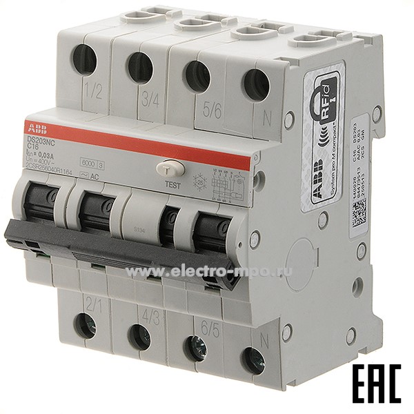 К6860. Дифф. автомат DS203NC C16 AC30 (тип АС) 16А-30мА 400В 3P+N 6кА 2CSR256040R1164 (АВВ)