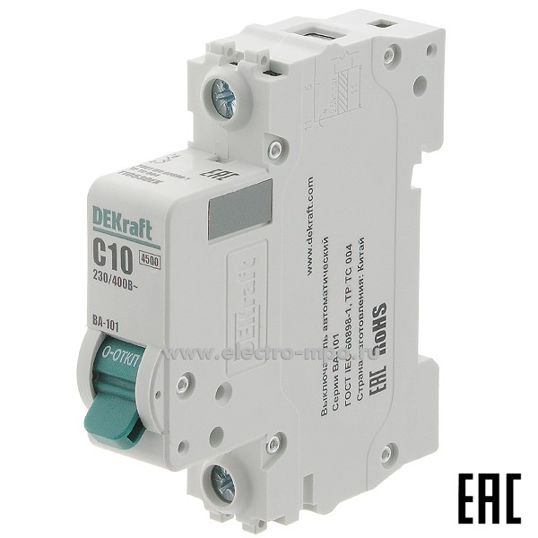 А0105. Автоматический выключатель ВА101-1P-010А-C 11053DEK C10А/1п/ 4,5кА на Din-рейку (DEKraft)