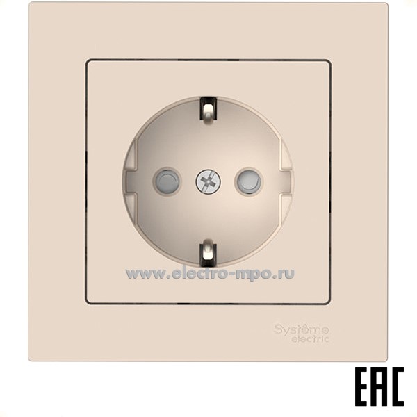 Ю52. Розетка AtlasDesign ATN000244S "евро" со шторками безвинт. зажим. с/п бежевый (Systeme Electric)