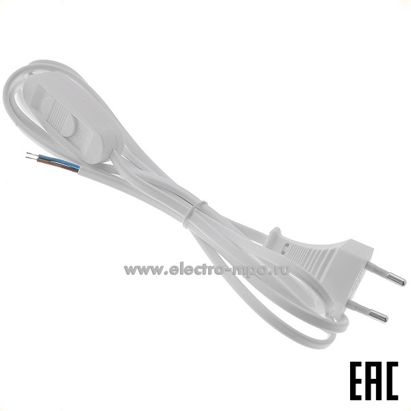 Р6410. Шнур 51042 KF-HK-1-2 2х0.5мм2 230В с проходным выключателем 1,9м армированный вилкой белый (Feron)