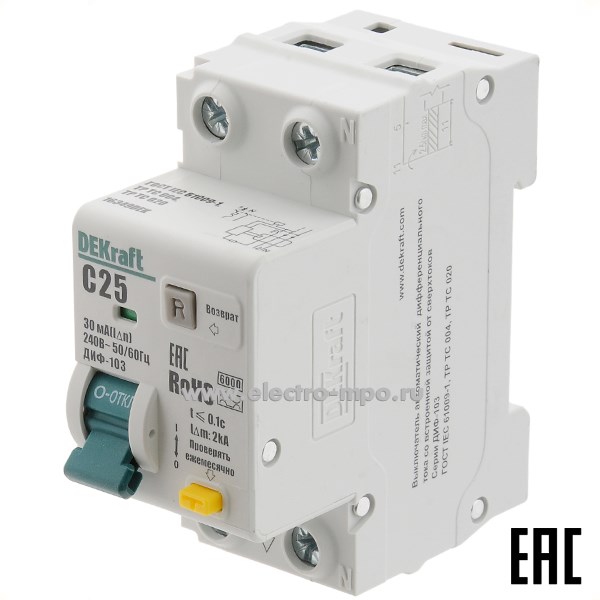 А2237. Дифф. автомат ДИФ103  16349DEK (тип А) 25А-30мА 230В 1P+N 2мод. 6,0кА х-ка С (DEKraft)