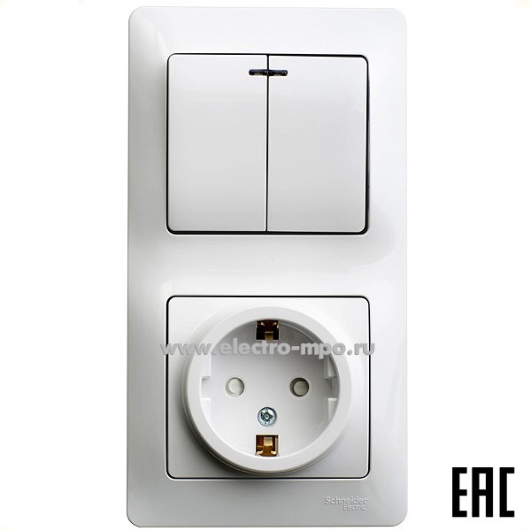 Р16. Блок Glossa GSL000175 выкл. 2кл. с подсветкой + розетка "евр" со шторками с/п белый (Systeme)