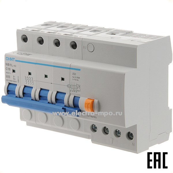 К9341. Дифф. автомат NB1L-40  198111 (тип AC) 16А-30мА 380В 3P+N 7мод. 6кА хар-ка C (CHINT)