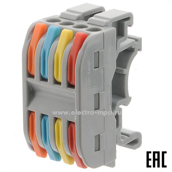 К42. Клемма 07-5237 СМК 222-424D проходная 4-полюсная на DIN-рейку (0,08-4мм2) серая (Rexant)