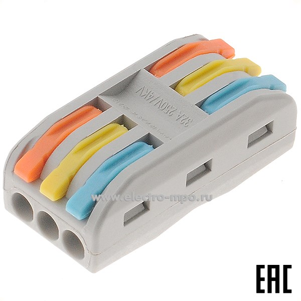 К4281. Зажим 313 (PCT-2-3) безвинтовой 3 пары х(0,08-4,0) кв.мм проходной серый (JOHNN Китай)