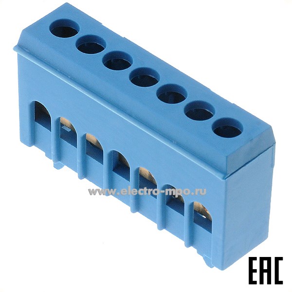 Э1814. Шина JHS02-7 ноль на DIN-рейку на 7 присоединений латунь 100А (Электромонтаж)