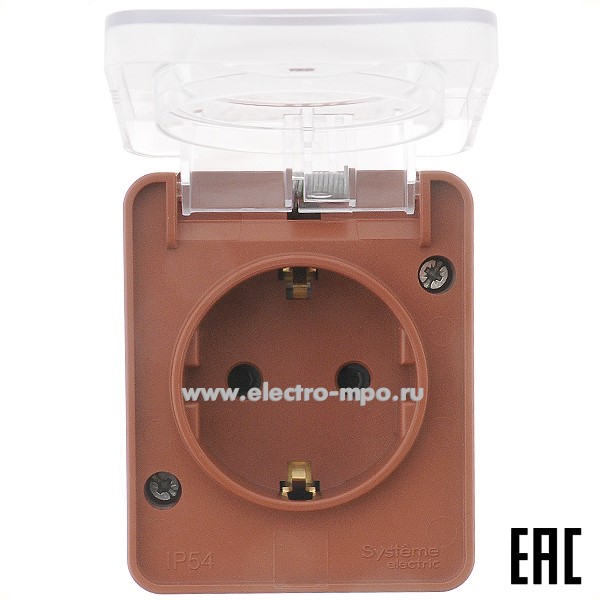 Ю5350. Розетка AtlasDesign Profi54 ATN547045 "евр" со шторками с крышкой IP54 о/п терракотовая (SE)