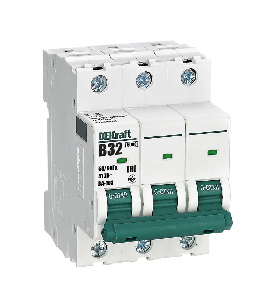 А05. Автоматический выключатель ВА-103-3P-32A-B 12244DEK B32A/3п/ 6кА на Din-рейку (DEKraft)