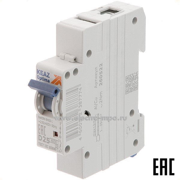 А1191. Автоматический выключатель OptiDin ВМ-63-1D25 25А/1п/ 6кА на Din-рейку 260522 (КЭАЗ)