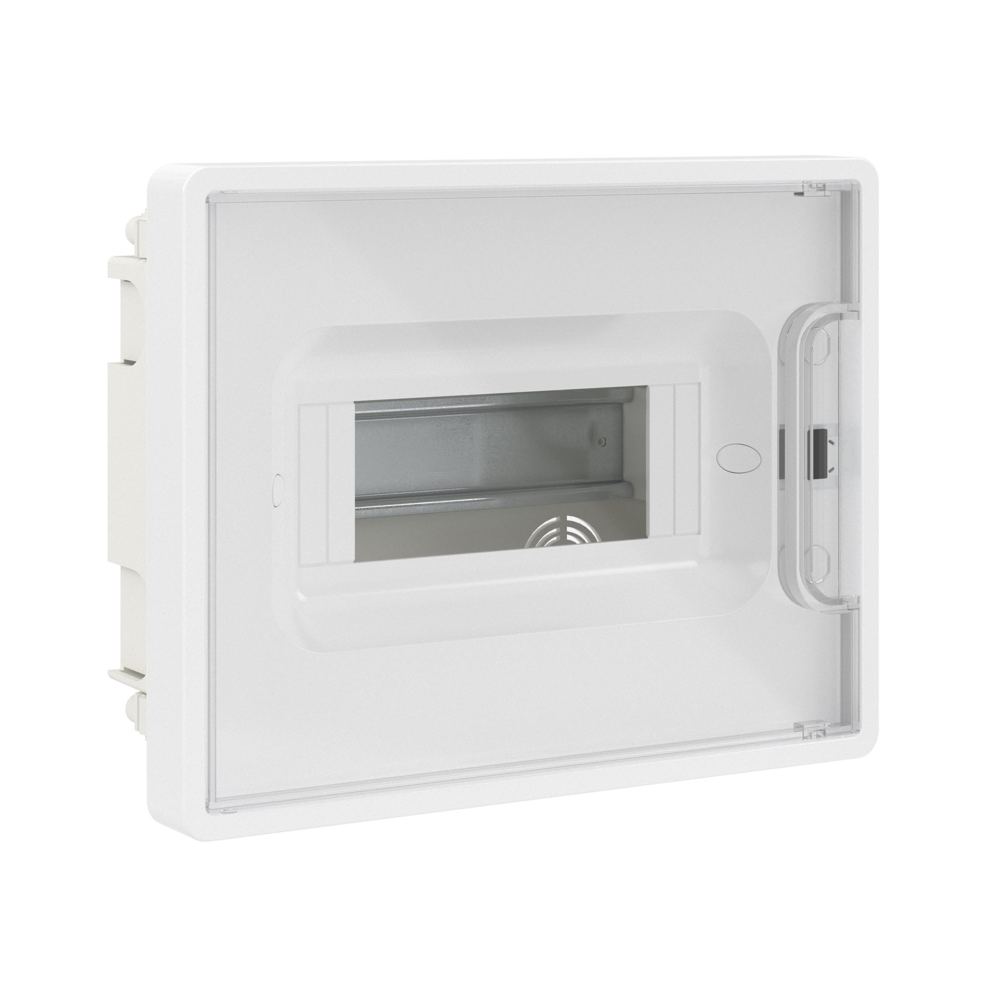 Е10. Щиток F08B1WT 8 мод встраиваемый Фрейм (FRAME), белый, с прозрачной дверцей, с 2 шинами  PEN  (ДКС)