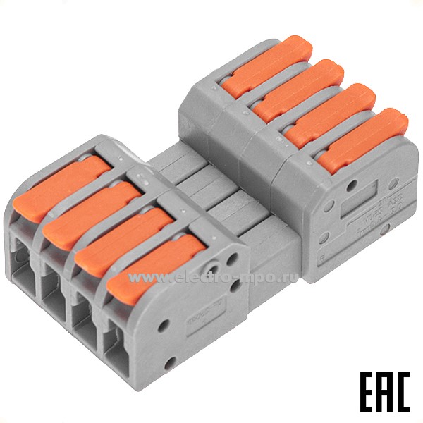 К42. Клемма 07-5264 СМК 222-424R проходная разъемная 4 полюса серая 0,2-2,5/4мм2 (Rexant)