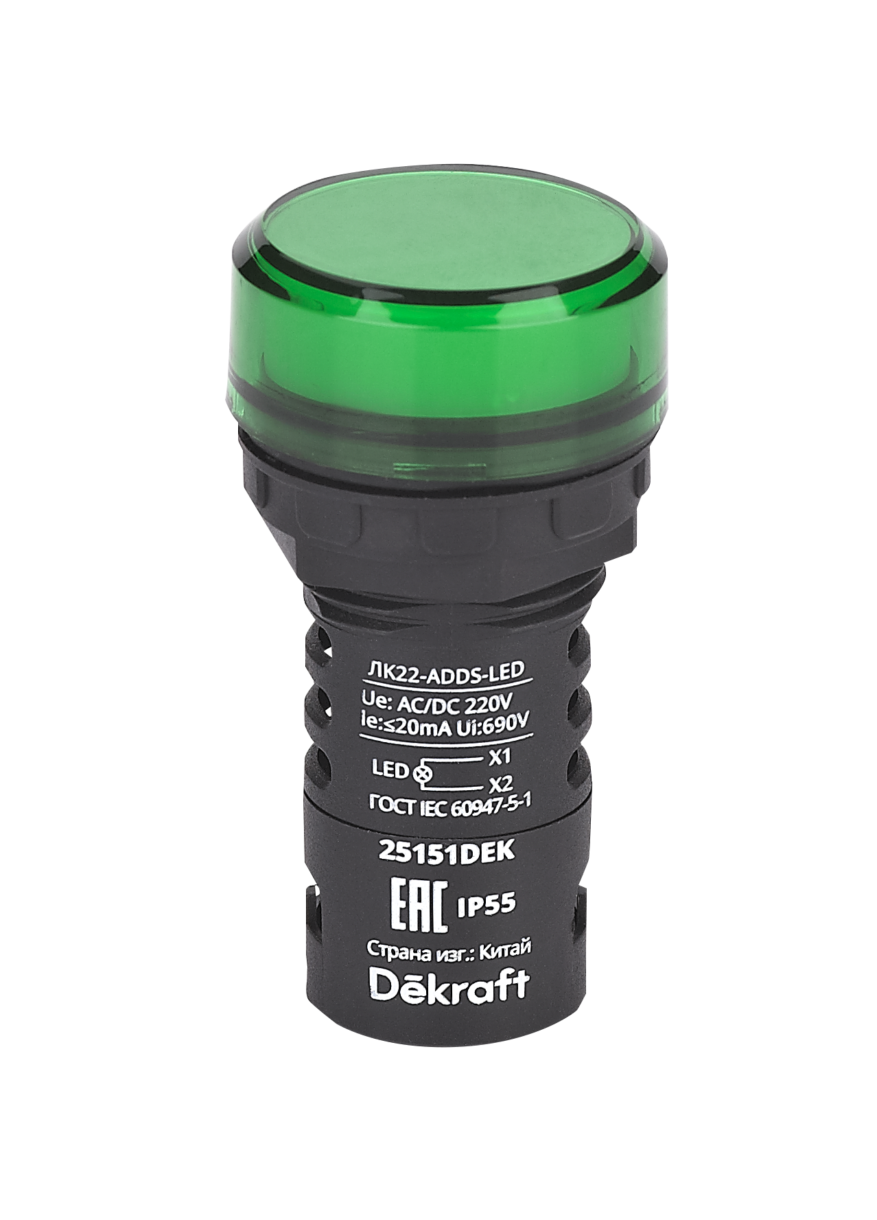 А61. Лампа 25151DEK коммутационная ADDS D22 LED зеленая 220В AC/DC ЛK-22 IP55 (Dekraft)