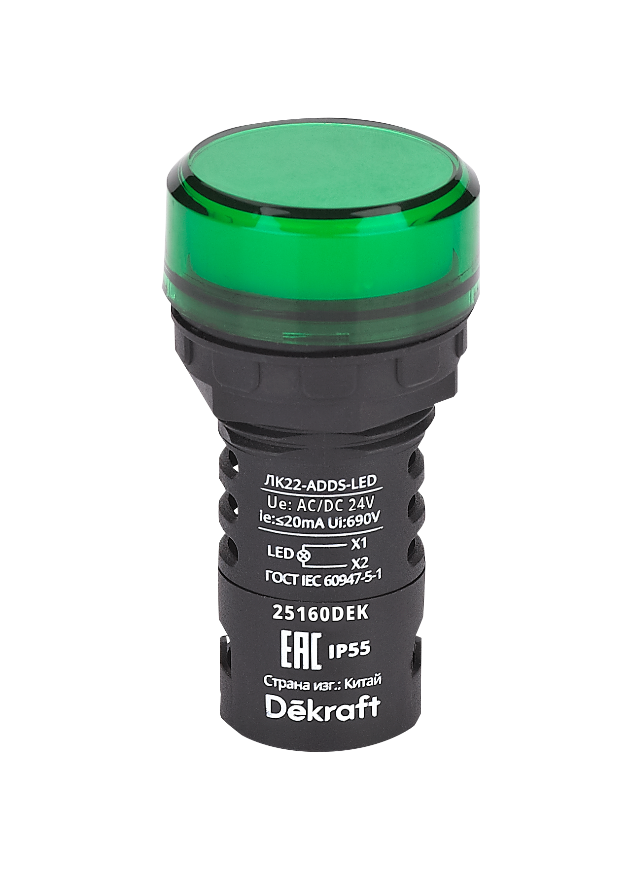 А61. Лампа 25160DEK коммутационная ADDS D22 LED зеленый 24В AC/DC ЛK-22 IP55 (Dekraft)