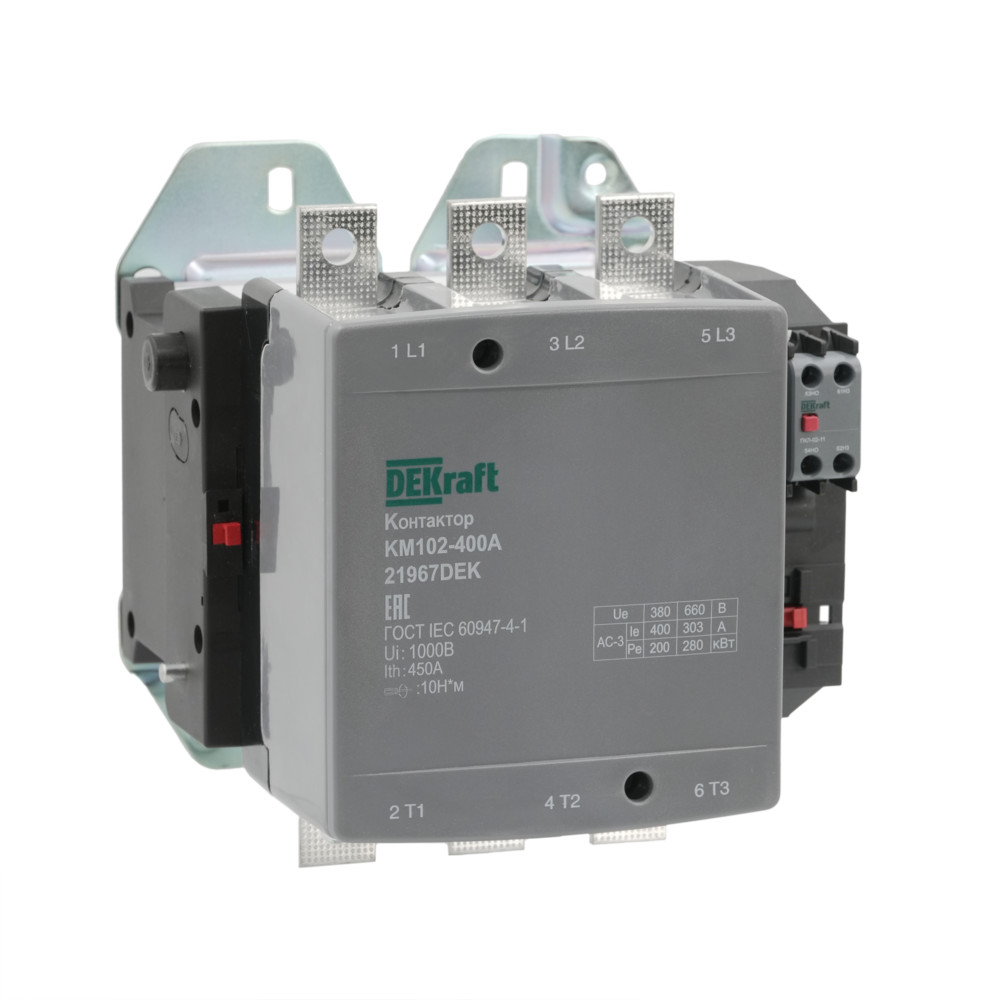 А75. Контактор 21967DEK 400А 220В АС3 АС4 1НО+1НЗ КМ-102 (Dekraft)