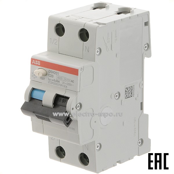 А1987. Дифф. автомат DSH201 (тип АС) 20А-30мА 230В 1P+N 6кА 2CSR255070R1204 C20 30мA (АВВ)