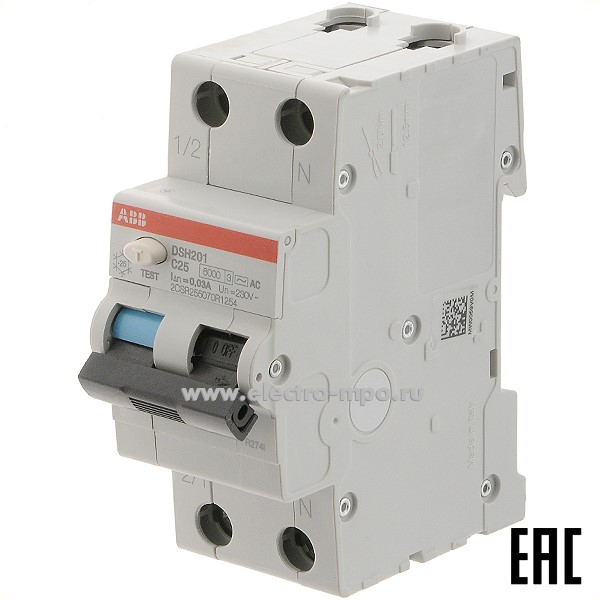 А1988. Дифф. автомат DSH201 (тип АС) 25А-30мА 230В 1P+N 6кА 2CSR255070R1254 C25 30мA (АВВ)