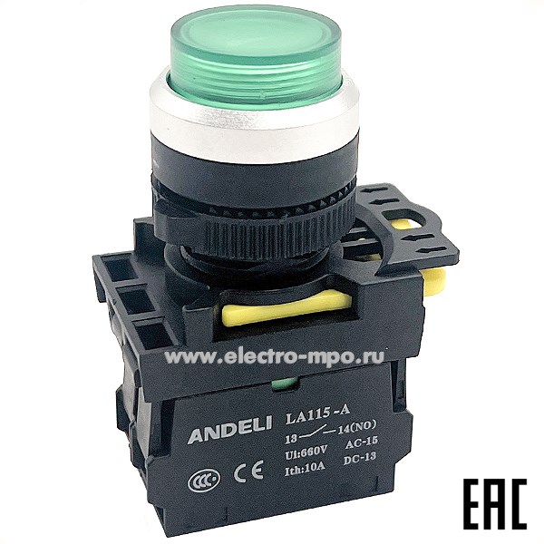 К94. Кнопка LA115-A5-10GND/3 1НО зеленый AC220V (LED) ADL10-267 (ANDELI)