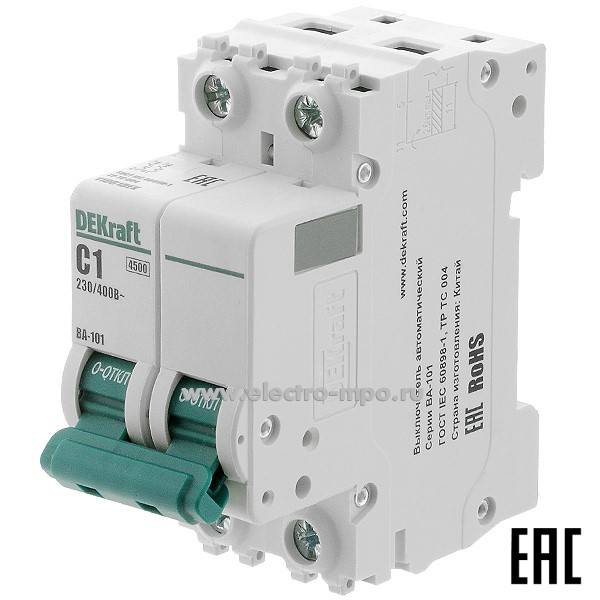 А0115. Автоматический выключатель ВА101-2P-001А-C 11061DEK C1А/2п/ 4,5кА на Din-рейку (DEKraft)
