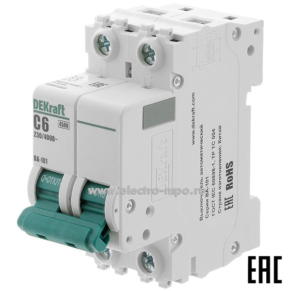 А0118. Автоматический выключатель ВА101-2P-006А-C 11064DEK C6А/2п/ 4,5кА на Din-рейку (DEKraft)