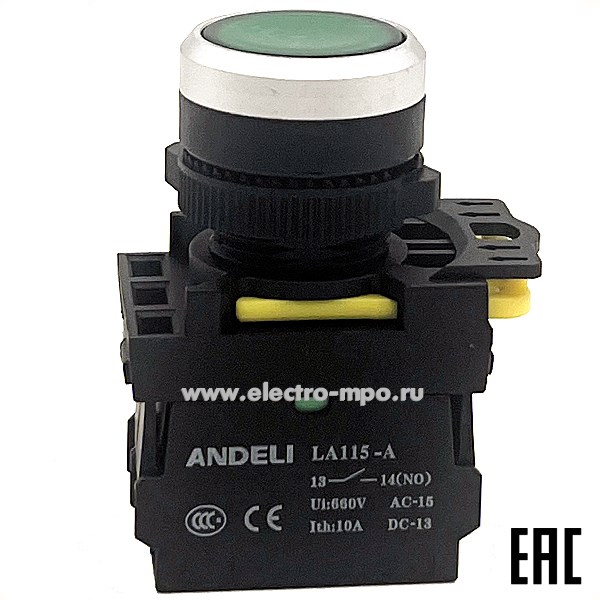 К94. Кнопка LA115-A5-10BND 1НО зеленая AC/DC24V (LED) ADL10-261 (ANDELI)