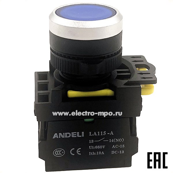 К94. Кнопка LA115-A5-10BND/6 1НО синяя AC220V (LED) ADL10-265 (ANDELI)