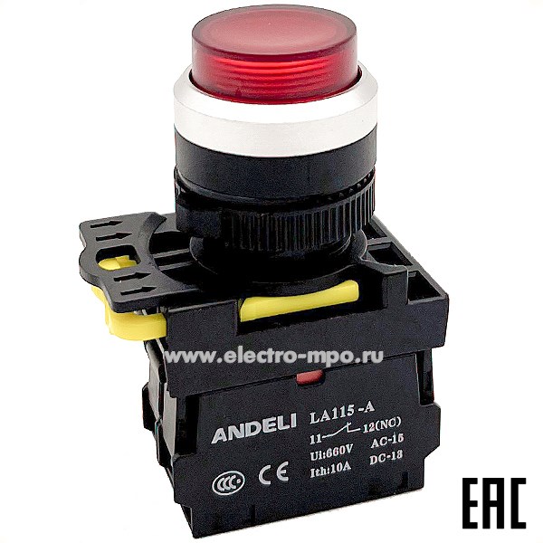 К94. Кнопка LA115-A5-01GND/4 1НЗ красная AC220V (LED) ADL10-259 (ANDELI) К94. Кнопка LA115-A5-01GND/4 1НЗ красная AC220V (LED) ADL10-259 (ANDELI)