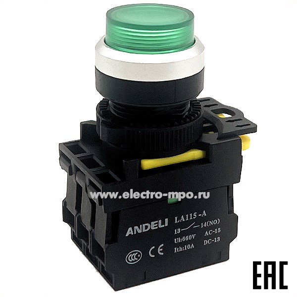 К94. Кнопка LA115-A5-11GND/3 зеленая 1НО+1НЗ AC220V (LED) ADL10-278 (ANDELI)