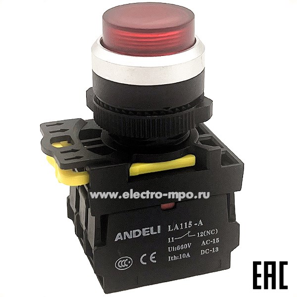 К94. Кнопка LA115-A5-11GND/4 красная 1НО+1НЗ AC220V (LED) ADL10-279 (ANDELI)