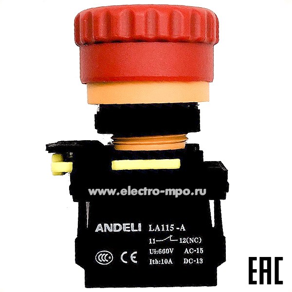 К94. Кнопка LA115-A5-01ZF/14 "Грибок" красная 1НЗ AC220V (LED) с фиксацией ADL10-356 (ANDELI)