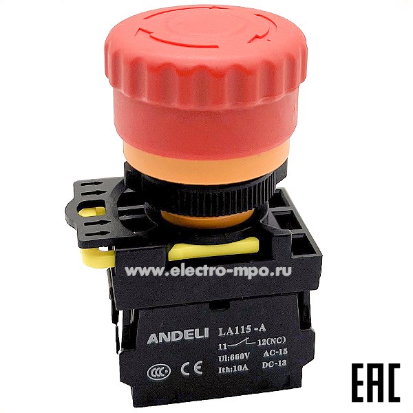 К94. Кнопка LA115-A5-11ZT/14 "Грибок" красная 1НО+1НЗ с фиксацией ADL10-355 (ANDELI)