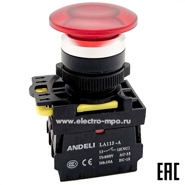 К94. Кнопка LA115-A5-11MD/14 "Грибок" красная 1НО+1НЗ AC220V(LED) ADL10-354 (ANDELI) К94. Кнопка LA115-A5-11MD/14 "Грибок" красная 1НО+1НЗ AC220V(LED) ADL10-354 (ANDELI)