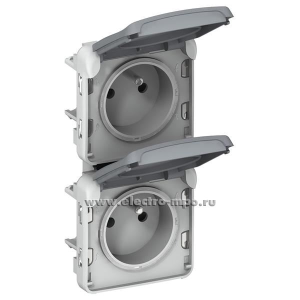 Ю6935. Механизм Plexo 069563 розетки "евр" двойной с крышками вертикальный франц. станд. IP55 с/п серый (L