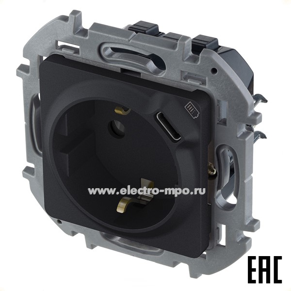 Ю5861. Механизм Inspiria 673773 розетки "евро"+USB тип С 5В 1,5А с/п антрацит (Legrand/Daccord)
