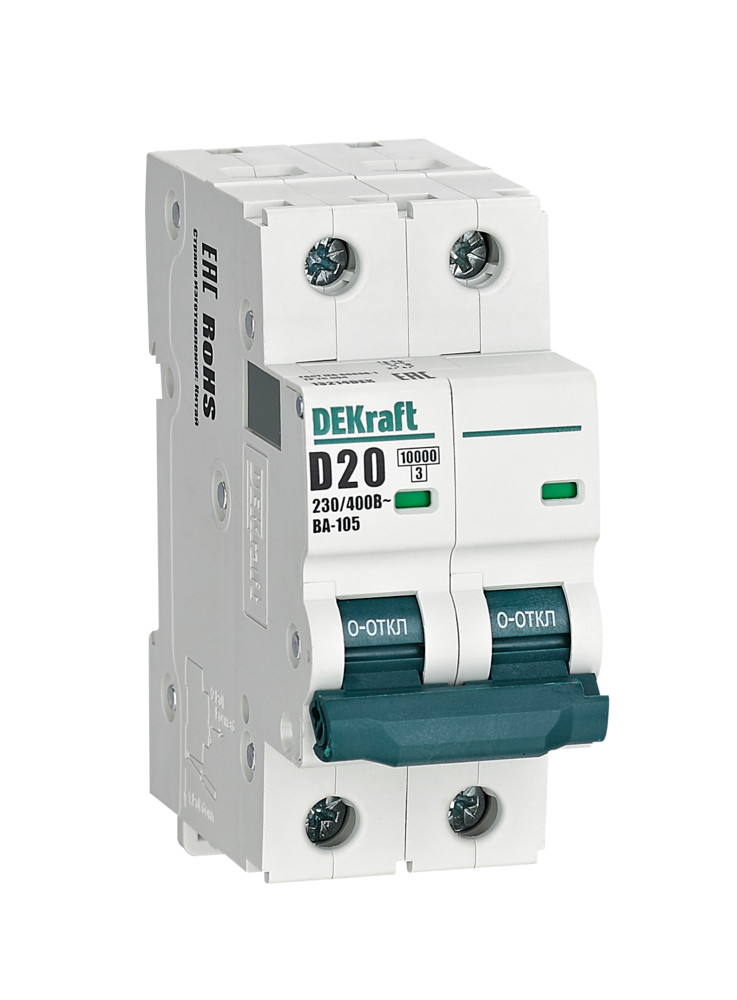 А01. Автоматический выключатель ВА-105 13214DEK 2P 20A х-ка D 10кА (DEKraft)