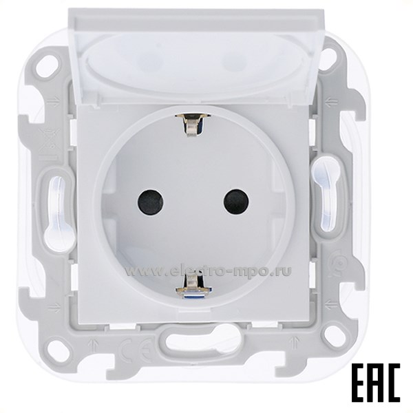 Ю7128. Механизм Simon24 2420448-030 розетки "евро" с крышкой со шторками Push\Go IP44 с/п белый