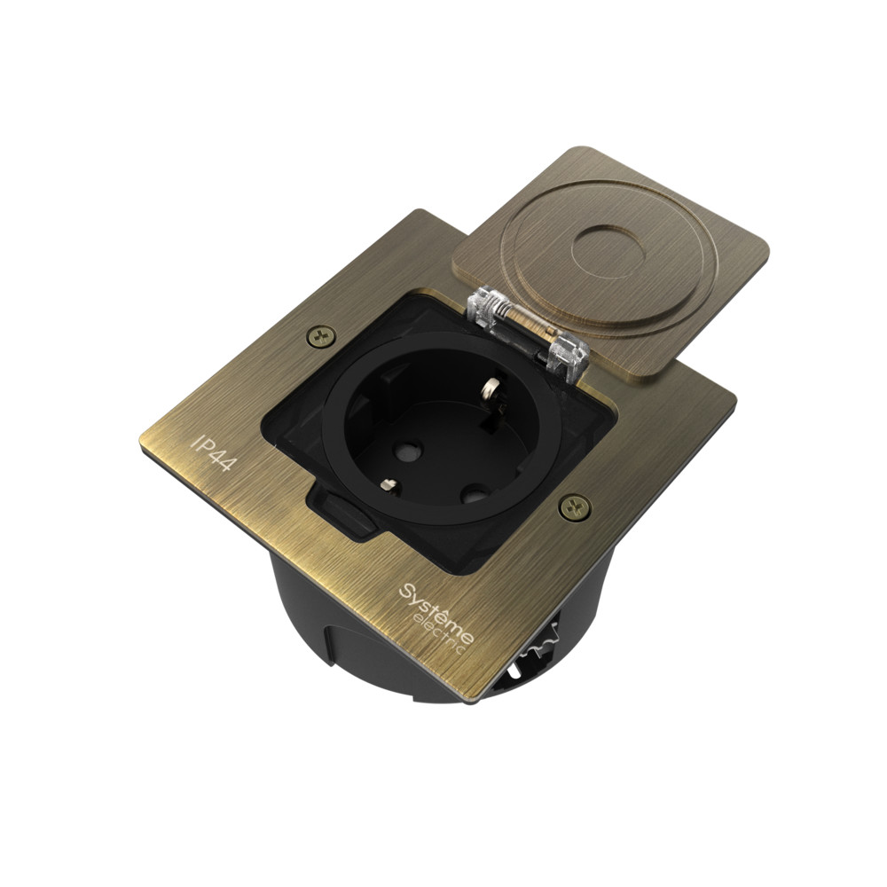 М90. Люк MultiDesk MDK21102BA на 2 модуля в фальшпол с розеткой, античная латунь IP44 (System Electric)