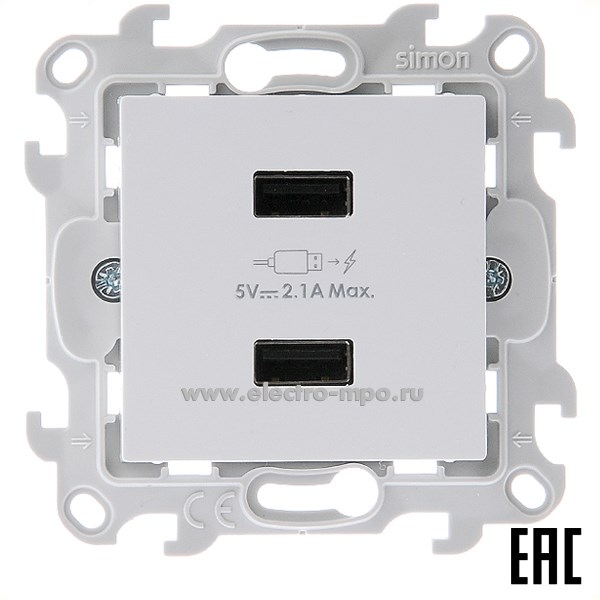 Ю7137. Механизм Simon24 2411096-030 зарядного устройства 2хUSB 5В 2.1A с/п белый (Simon)