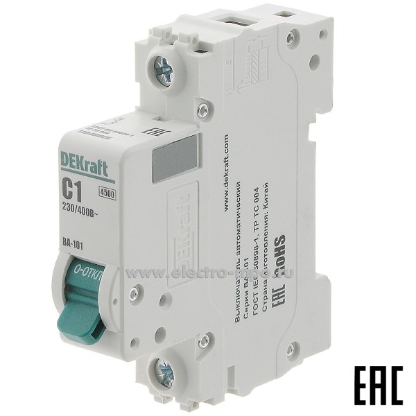 А0101. Автоматический выключатель ВА101-1P-001А-C 11049DEK C1А/1п/ 4,5кА на Din-рейку (DEKraft)