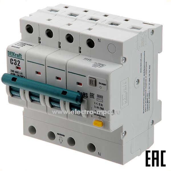 А2270. Дифф. автомат ДИФ103  16422DEK (тип АС) 32А-300мА 400В 3P+N 5мод. 6,0кА х-ка С (DEKraft)