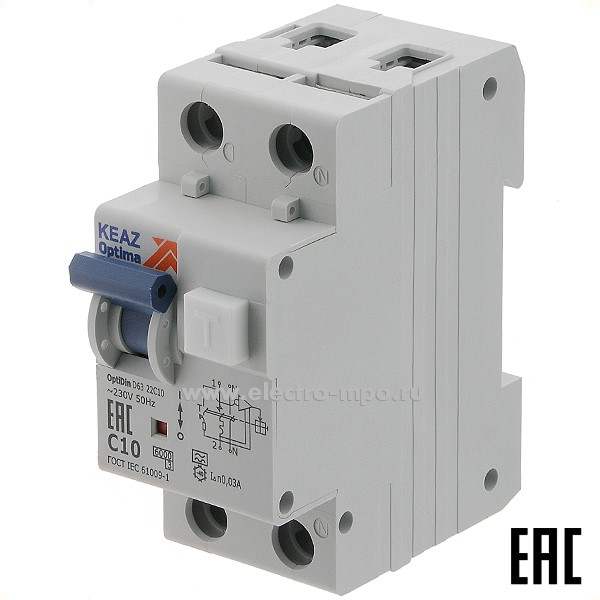 А1805. Дифф. автомат OptiDin D63-22С10-УХЛ4-А (тип А) 10А-30мА 230В 1Р+N 6кА 333141 (КЭАЗ)