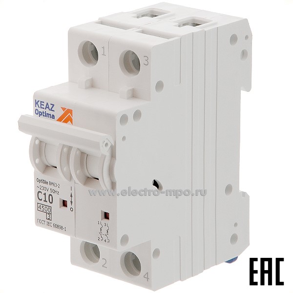 А1209. Автоматический выключатель OptiDin ВМ-63-2C10 10А/2п/ 4,5кА на Din-рейку 326802 (КЭАЗ)