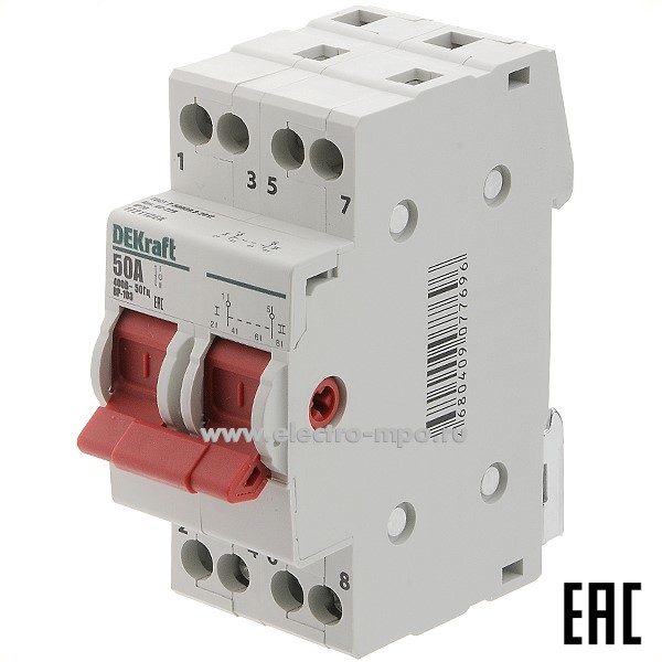 А4870. Переключатель ВР103-2Р-50А 17211DEK /2п/ 50А 3 положения 2 перекл. к-т на Din-рейку (DEKraft)