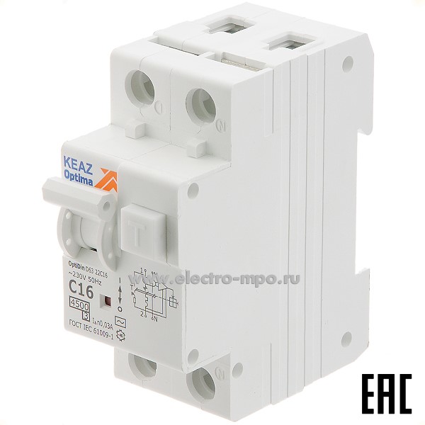 А1890. Дифф. автомат OptiDin D63-22C16 (тип АС) 16А-30мА 230В 1P+N 4,5кА 328098 (КЭАЗ)