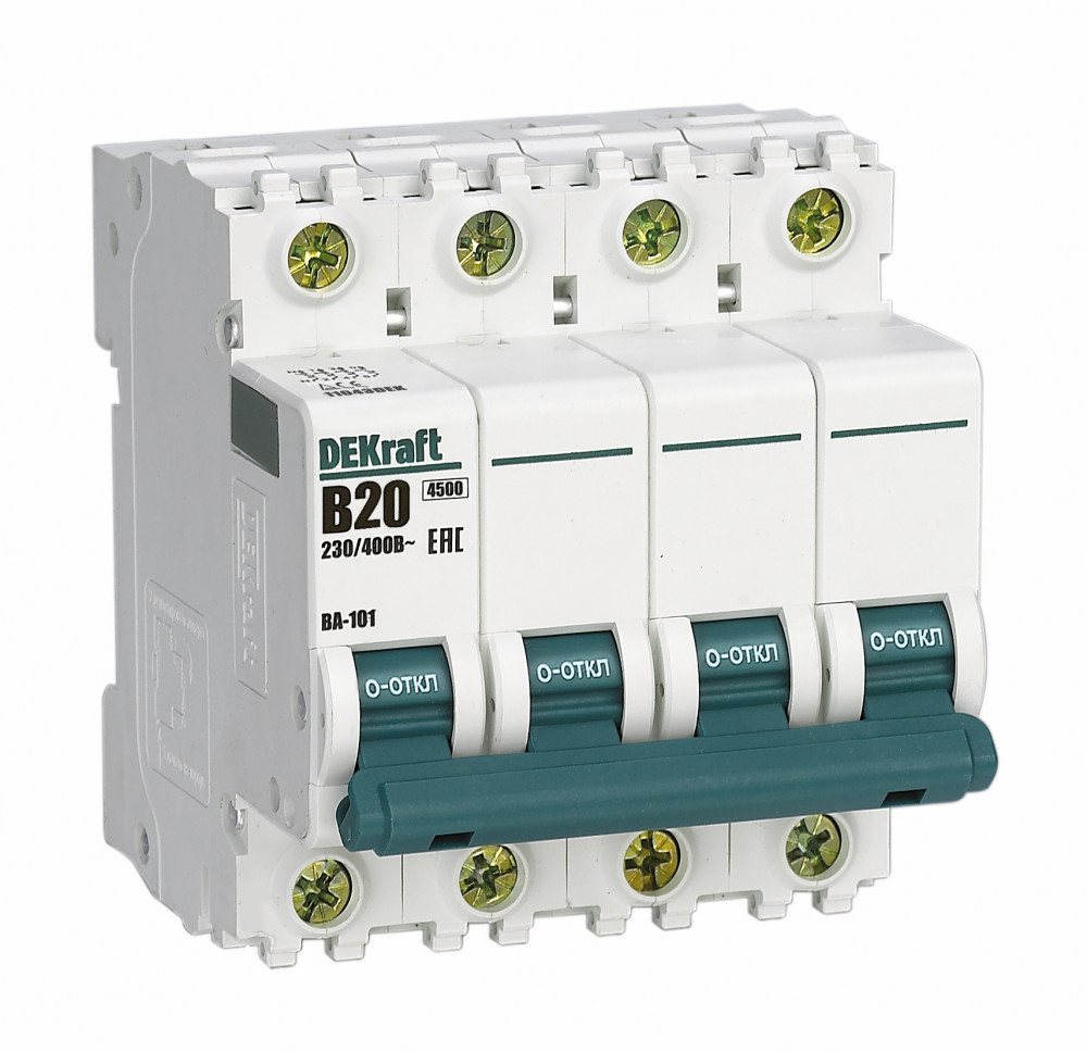 А01. Автоматический выключатель ВА-101 11043DEK 4P 20А B 4.5кА (DEKraft)