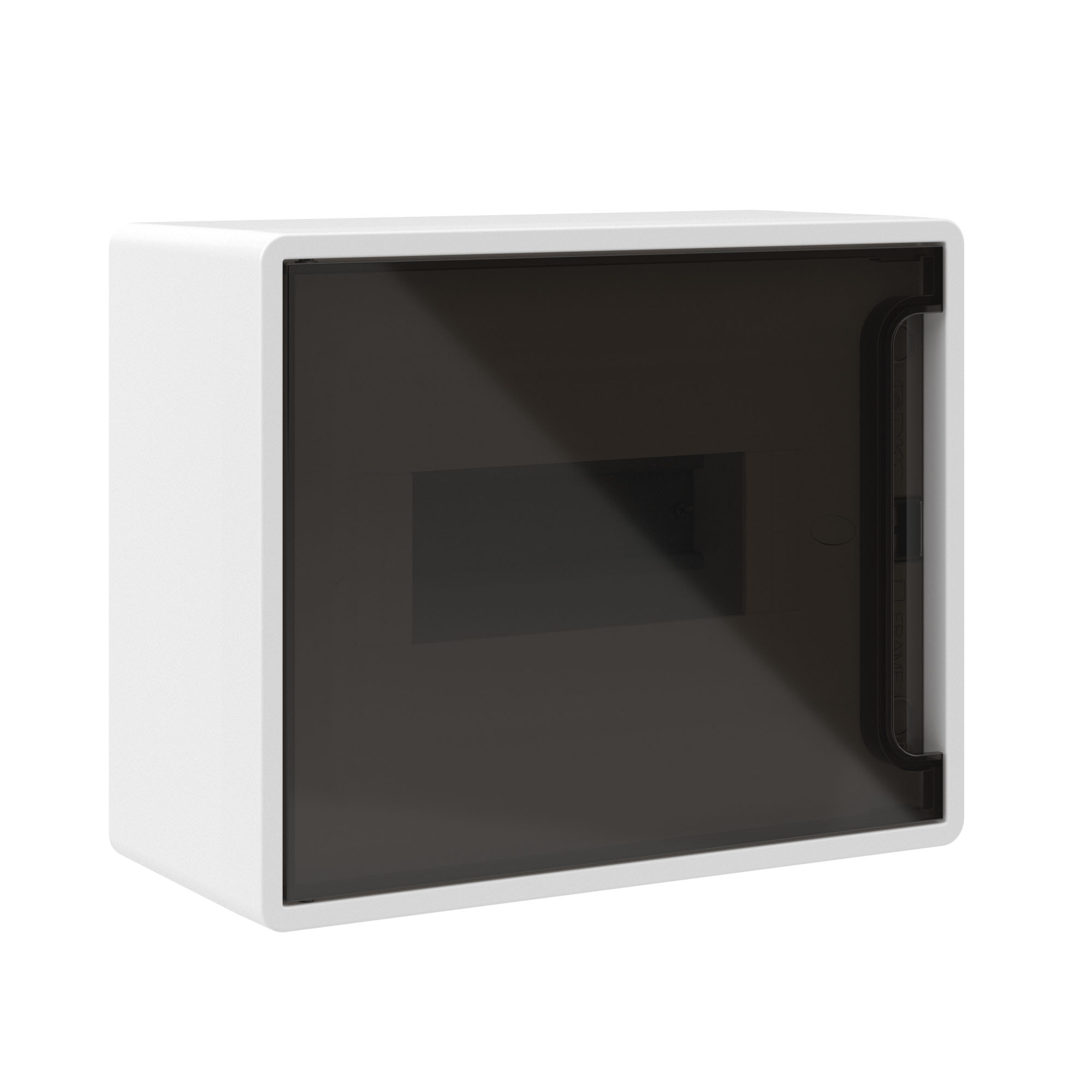 Е10. Щиток F08W1WD 8 мод настенный FRAME, белый, с тонированной дверцей, с 2 шинами PEN на 6 и 8  (ДКС)