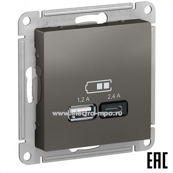 Ю47. Механизм AtlasDesign ATN000939 зарядного устройства 2хUSB тип А,С 5В 2.4А с/п сталь (Systeme)