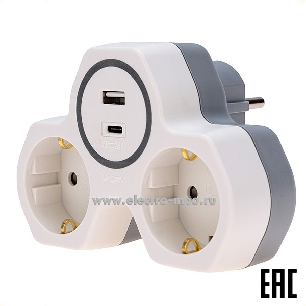 Р43. Двойник 11-1253 разветвитель 16А с/з + USB-A + USB-C с защитными шторками белый (Rexant)