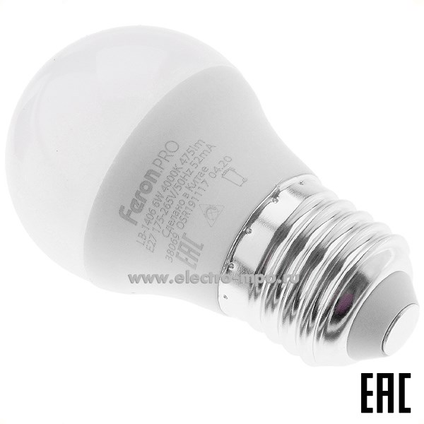 Л1656. Лампа 6Вт 38069 LB-1406 Feron.PRO G45 6W Е27 475Лм 4000К светодиодная "шарик" х/б свет (Feron)