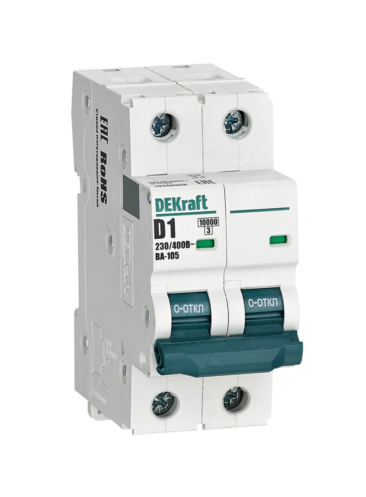 А01. Автоматический выключатель ВА-105 13208DEK 2P 1A х-ка D 10кА (DEKraft)